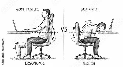 Good Posture vs Bad Posture Ergonomic Sitting Slouching Comparison.