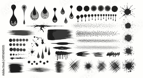 Collection of Various Black Ink Splatters, Drips, Brush Strokes, and Textures Isolated on White Background