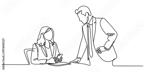 Continuous line drawing of a professional business meeting between a male boss and employee Vector, illustration
