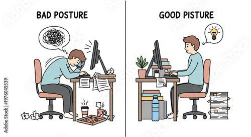 Good vs Bad Posture at Desk Comparison.
