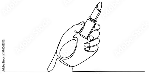 A continuous line drawing of a hand holding a lipstick tube isolated on a plain white background Vector, illustration