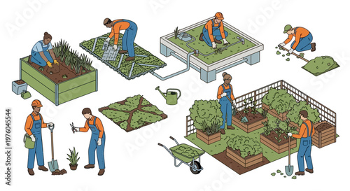 Isometric illustrations of gardeners working in urban rooftop gardens