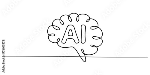 A single continuous line drawing of a human brain shape featuring the letters ai in the center. Vector, illustration