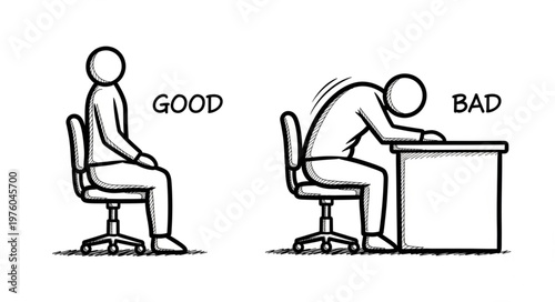 Good vs Bad Posture Sitting at Desk Illustration.
