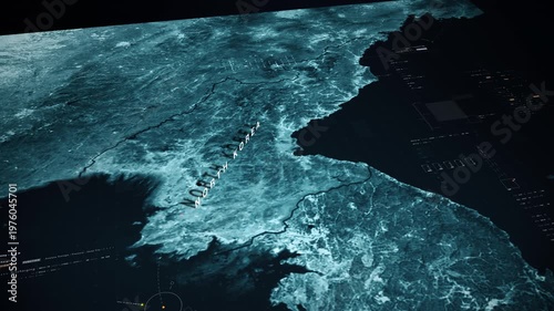 Global satellite surveillance map, military intelligence interface, geopolitical data visualization, cyber warfare concept, strategic monitoring, dark cinematic tech background : North Korea