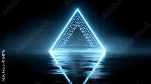 Abstract neon blue glowing triangle tunnel background with misty floor reflection and cinematic lighting effect for tech presentations or futuristic visuals on dark stage with bright light.