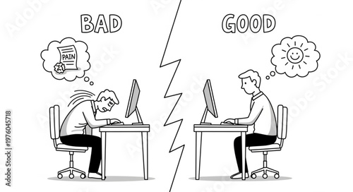 Good vs Bad Work Habits - Focused Employee vs Stressed Employee.