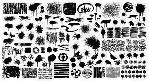 A collection of black ink splashes, splatters, drips, brush strokes, and grunge textures on a white background.