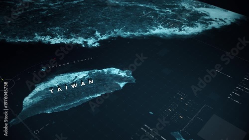 Global satellite surveillance map, military intelligence interface, geopolitical data visualization, cyber warfare concept, strategic monitoring, dark cinematic tech background : Taiwan