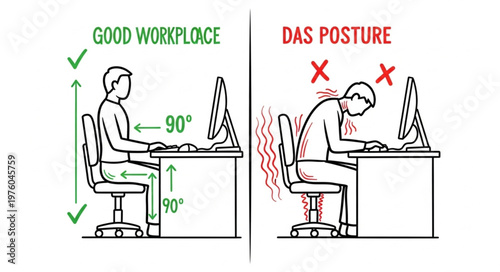 Good vs Bad Workplace Posture Comparison Illustration.