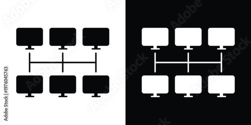 Professional network topology icon showing a master computer connected to three workstations. Minimalist vector design representing local area networks, distribution, and IT infrastructure.