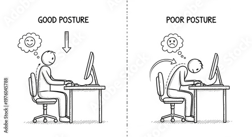 Good vs Poor Posture at Computer Desk Illustration.