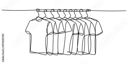 A single continuous line drawing of several t-shirts hanging on a clothes rack for shop display Vector, illustration