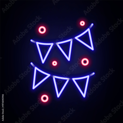 Glowing neon line Carnival garland with flags icon isolated on brick wall background. Party pennants for birthday celebration, festival and fair decoration. Colorful outline concept. Vector