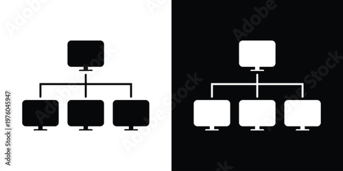 Professional network topology icon showing a master computer connected to three workstations. Minimalist vector design representing local area networks, distribution, and IT infrastructure.