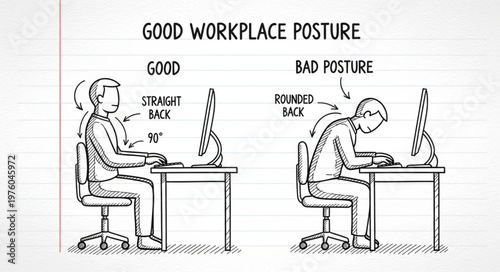 Good Workplace Posture vs Bad Workplace Posture Comparison Illustration.
