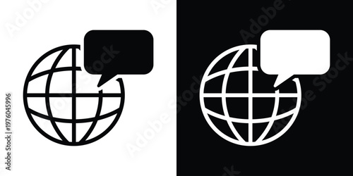 Vector illustration of a wireframe globe with a speech bubble. Represents international communication, global language support, world news, and social networking.