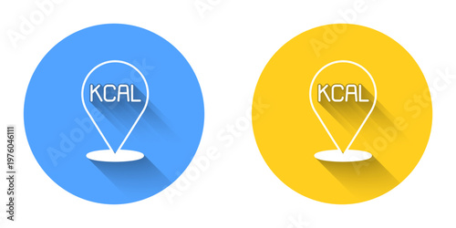 White Kcal icon isolated on isolated with long shadow background. Health food. Circle button. Vector