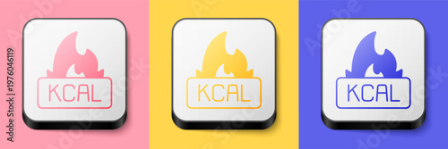 Isometric Kcal icon isolated on isolated on pink, yellow and blue background. Health food. Square button. Vector