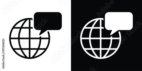 Vector illustration of a wireframe globe with a speech bubble. Represents international communication, global language support, world news, and social networking.