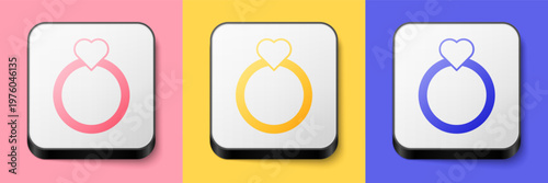 Isometric Diamond engagement ring icon isolated on pink, yellow and blue background. Square button. Vector