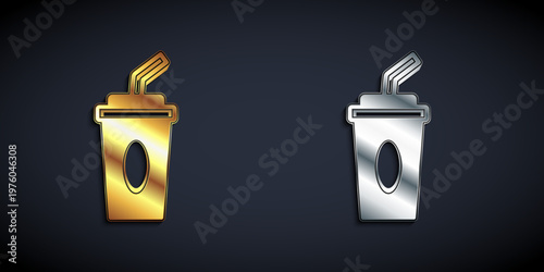 Gold and silver Paper glass with drinking straw and water icon isolated on black background. Soda drink glass. Fresh cold beverage symbol. Long shadow style. Vector