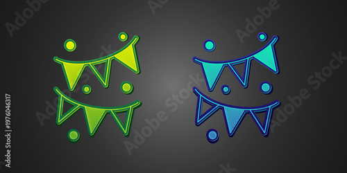Green and blue Carnival garland with flags icon isolated on black background. Party pennants for birthday celebration, festival and fair decoration. Vector