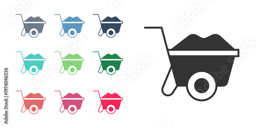 Black Wheelbarrow icon isolated on white background. Tool equipment. Agriculture cart wheel farm. Set icons colorful. Vector