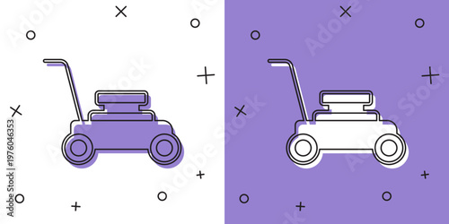 Set Lawn mower icon isolated on white and purple background. Lawn mower cutting grass. Vector