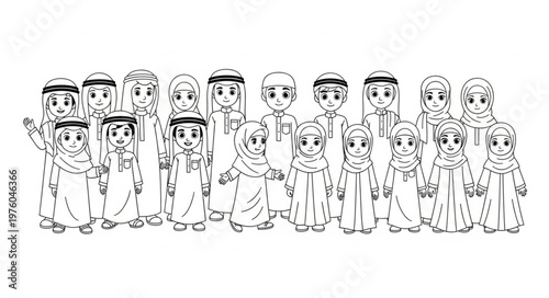 Group of Arab Children in Traditional Clothing, Black and White Illustration.