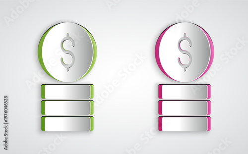 Paper cut Casino chip with dollar symbol icon isolated on grey background. Casino gambling. Paper art style. Vector