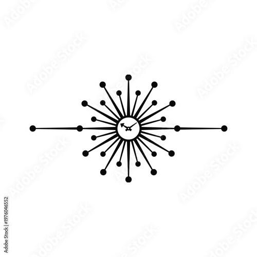 Black and white of a sunburst clock with radial lines and dots