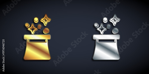 Gold and silver Magician hat icon isolated on black background. Magic trick. Mystery entertainment concept. Long shadow style. Vector