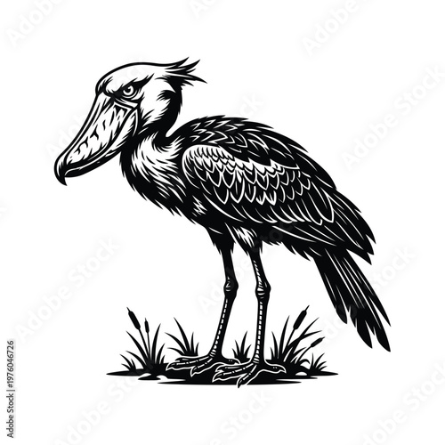 Black and white of a shoebill stork standing in reeds, detailed linework, isolated on white