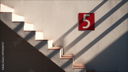 photorealistic stairs sign with strong shadow geometry, minimal background,