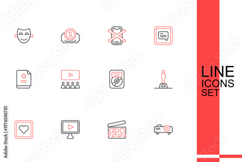 Set line Movie, film, media projector, clapper, Online play video, Like heart, trophy, CD disk award frame, Cinema auditorium with screen and Scenario icon. Vector