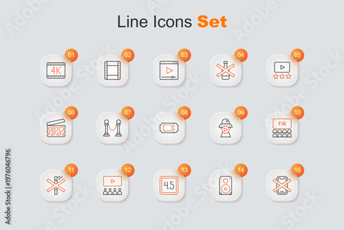 Set line No cell phone, Stereo speaker, Rating movie, Cinema auditorium with screen, smoking, Science fiction and ticket icon. Vector