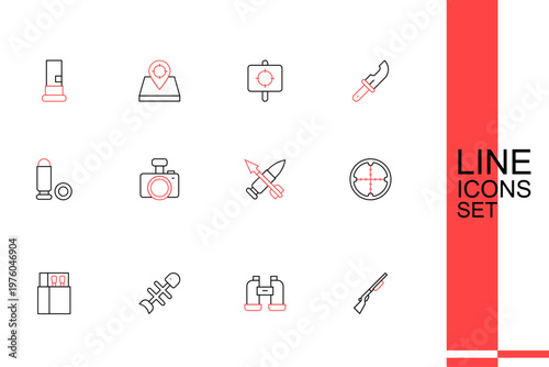 Set line Hunting gun, Binoculars, Dead fish, Open matchbox and matches, Sniper optical sight, Crossed bullet with arrow, Photo camera and Bullet icon. Vector