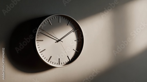 photorealistic minimal clock on wall with soft lighting, subtle shadow