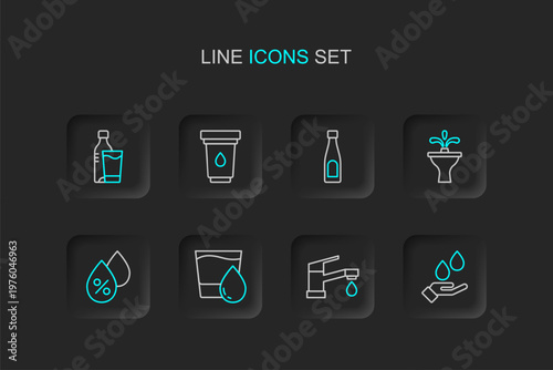 Set line Washing hands with soap, Water tap, Glass water, drop percentage, Fountain, Bottle of, filter cartridge and glass icon. Vector