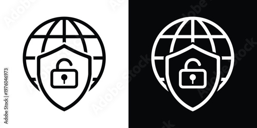 Vector icon featuring a globe and a shield with an open padlock. Symbolizes vulnerability, data breach, security access, or decrypted global communications.