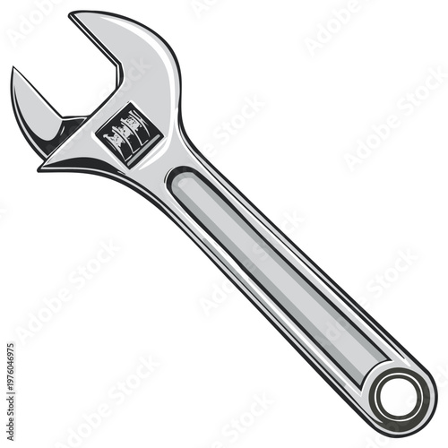 Illustration of a silver adjustable wrench, suitable for tightening and loosening nuts and bolts in various repair applications.