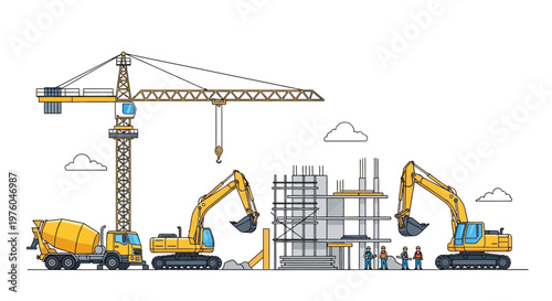 Construction site with cranes and excavators in action