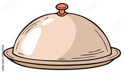 Classic restaurant food cloche with dome lid on a serving tray cartoon graphic