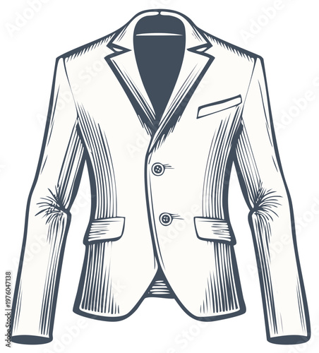 Illustration of a classic tailored blazer with two buttons and pocket details