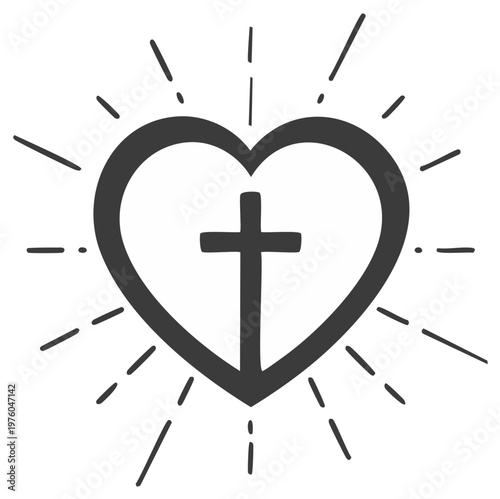 Christian heart symbol with cross and radiating lines illustration