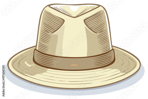Classic fedora hat illustration, retro style, with shadow, casual accessory for fashion.
