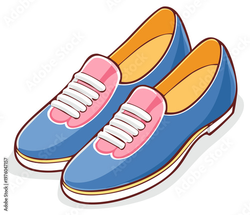 Pair of blue and pink laced shoes with yellow interior and white soles illustration
