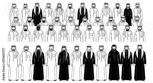 Group of Arab men in traditional attire, black and white illustration.