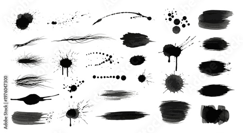 Set of hand-drawn black ink splatters, paint blots, and artistic brush strokes on white background for creative designs